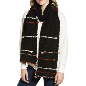 Frye Boho Black Broken Stripe Wool Blend 80” Woven Scarf Muffler Wrap NWT